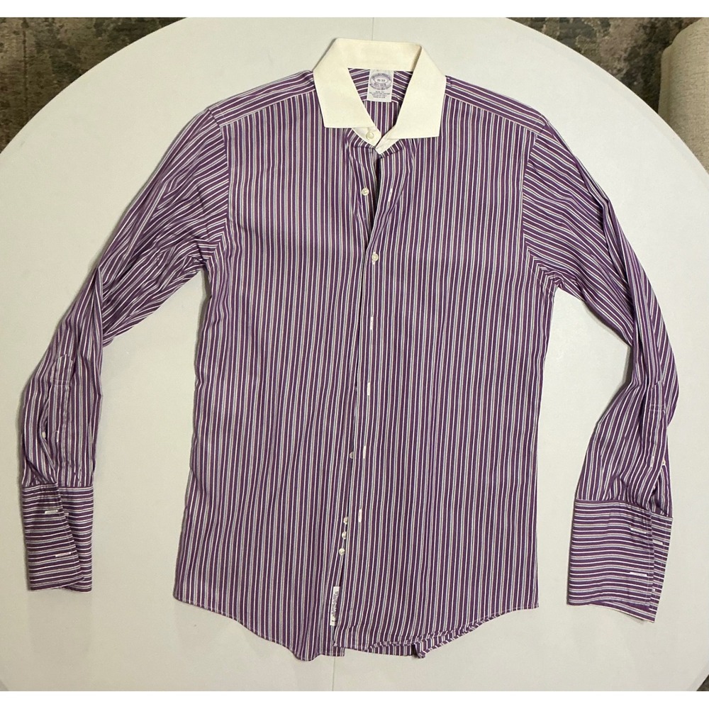 VTG USA Made Brooks Brothers Dress Shirt Men 15 33 Slim Fit Purple Stripe Italy